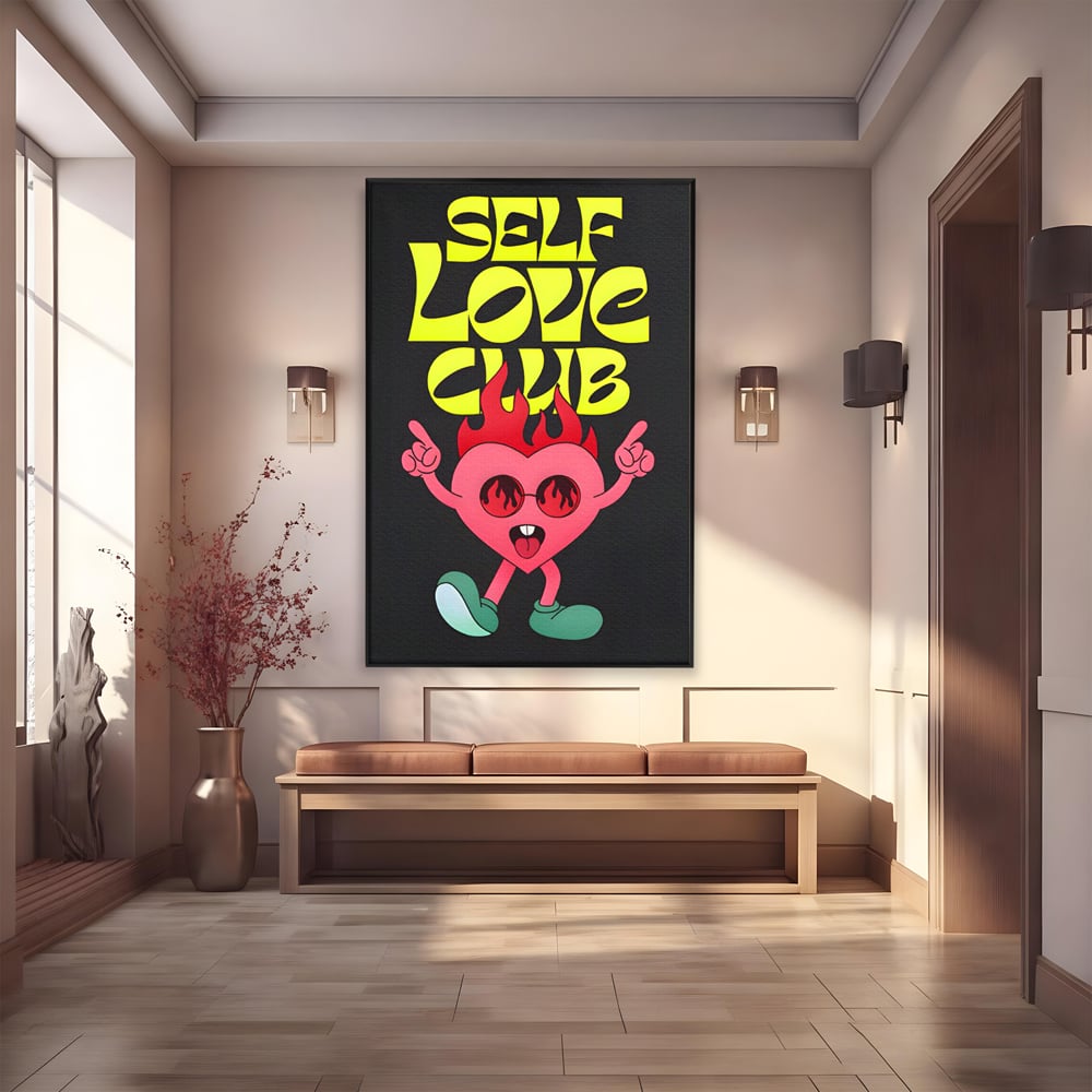 Tablou canvas cu ilustratie cu inimioara dansatoare si flacari, in rama de aluminiu negru